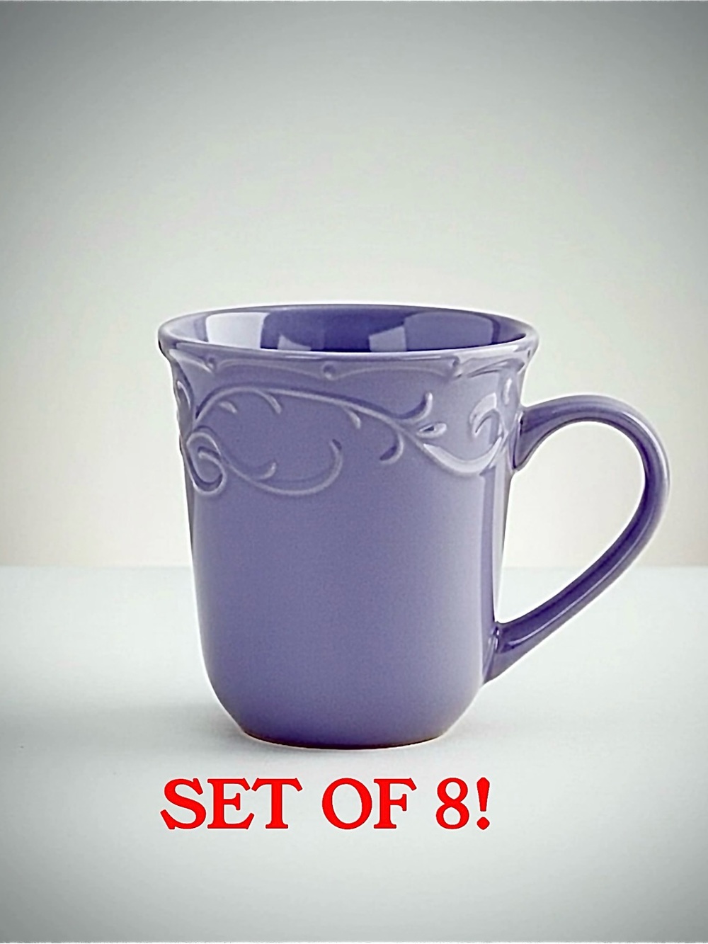 Elama Lilac Fields Lavender Embossed Stoneware Coffee Mugs, Set of 8, 16 Oz